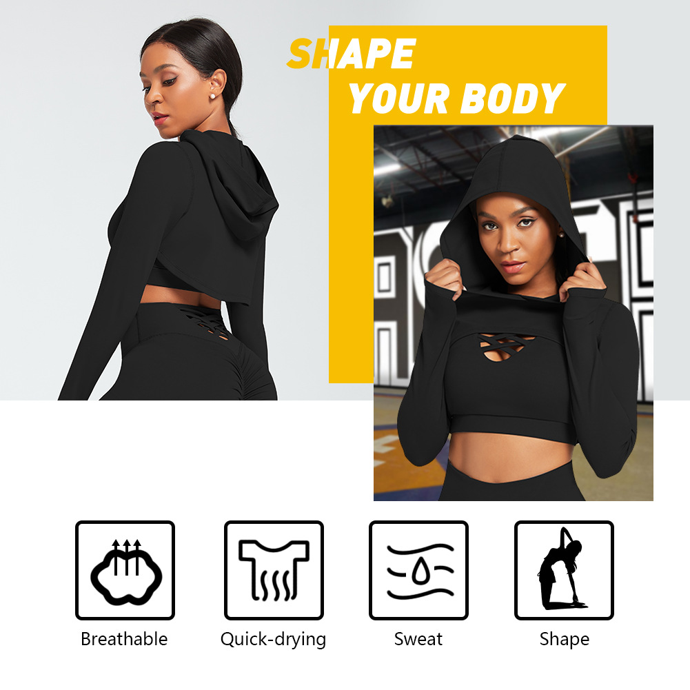 3 Pieces Yoga Fitness Set Gym Workout Cropped Hoodie Active Wear Sport Tracksuit
